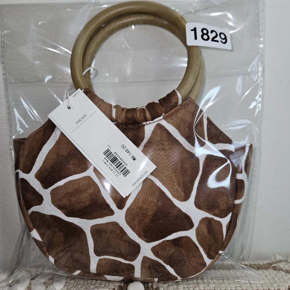 NWT! Janie and Jack Girls Purse Giraffe Wooden Ring Handle Animal Print NEW - Picture 10 of 12